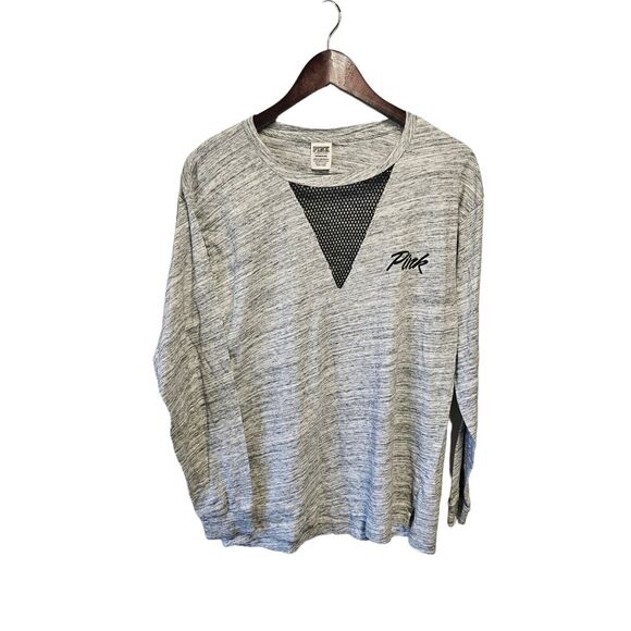 Victorias Secret PINK Long Sleeve Mesh Graphic T-Shirt Marled Gray Logo‎ Small - Picture 5 of 6